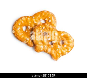 Salted mini flat pretzels isolated on white background. Stock Photo