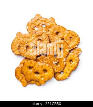 Salted mini flat pretzels isolated on white background. Stock Photo