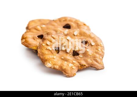 Salted mini flat pretzels isolated on white background. Stock Photo