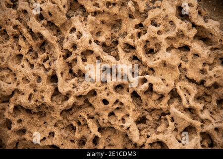 The texture of the yellow porous stone wall. Vintage grunge texture of old weathered dirty wall. Painted cracked walls, textured in cracks and drips of paint. Unique scenic unusual background. Cement wall with stain marks. A texture of an old orange wall. High quality photo Stock Photo