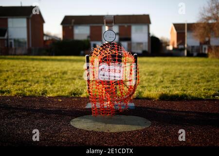 Loughborough, Leicestershire, UK. 6th January 2021. Outdoor exercise equipment is closed off during the third national Covid-19 lockdown. Credit Darren Staples/Alamy Live News. Stock Photo