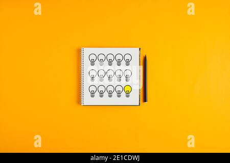 Light bulbs drawn on a notepad with black pen next to it against yellow background. İdea creation or problem solving concept. Stock Photo