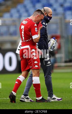 Franck Ribery of Fiorentina injured leaves the pitch during the Italian championship Serie A football match between SS Lazio and ACF Fiorentina on January 6, 2021 at Stadio Olimpico in Rome, Italy - Photo Federico Proietti / DPPI / LM Stock Photo