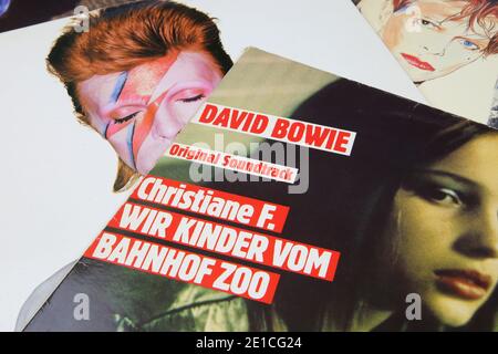 Viersen, Germany - May 1. 2020: Close up of vintage vinyl record cover david bowie soundtrack from movie Christiane F. wir kinder vom Bahnhof zoo (foc Stock Photo