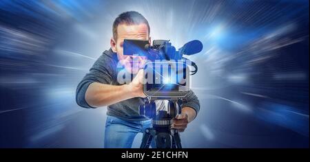 Operator with a camera on an abstract technological background. Digital video technologies Stock Photo