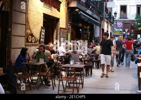 Typical Spanish tapas restaurant on Calle de Cadiz. Dishes, paella, good atmosphere, terrace. Stock Photo