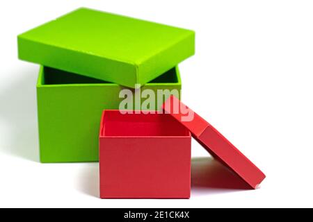 Empty cardboard boxes against white background Stock Photo