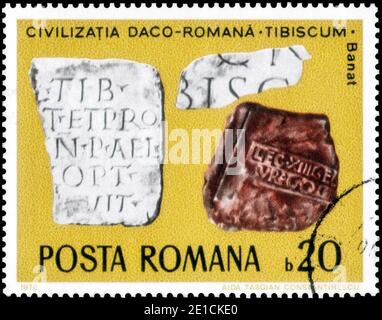 Saint Petersburg, Russia - September 27, 2020: Stamp printed in the Romania with the image of the Inscribed tablets, Tibiscum, Banat, circa 1976 Stock Photo