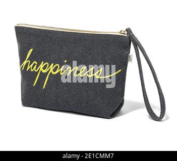 Gray and green embroidered clutch with handle photographed on a white background Stock Photo