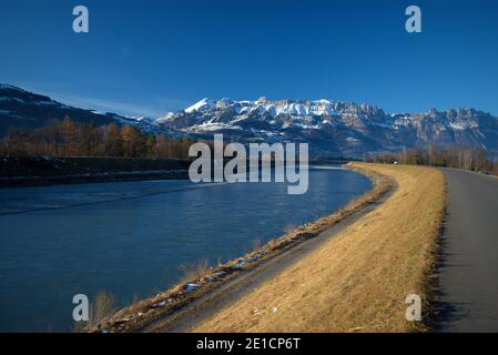 Rhine river in Vaduz in Liechtenstein 16.12.2020 Stock Photo