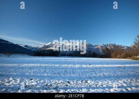 Winter panorama in Vaduz in Liechtenstein 16.12.2020 Stock Photo