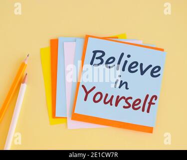 Believe yourself, Colorful words on blackboard. Conceptual photo common piece of advice that you can do everything. Text sign for Determination Positi Stock Photo