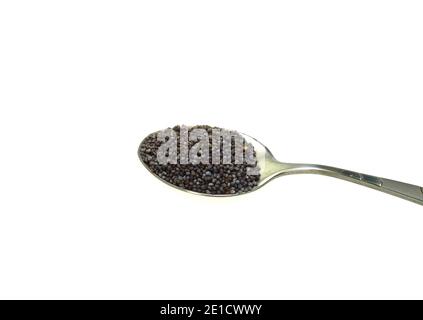 Poppy seeds in a metal spoon isolated on white background. Heap of dry poppy seeds Stock Photo