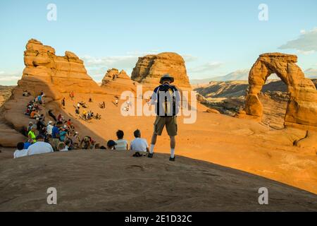 Sunset at Delicate Arch. Delicate Arch is 60-foot-tall freestanding natural arch located in Arches National Park near Moab, Utah. It is the most widel Stock Photo