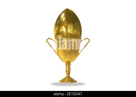 Golden trophy cup isolated on white background with a golden egg inside. Power or confidence or award ceremony or planning for your income and win or Stock Photo