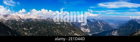 Panorama of the Austrian Alps from the mountain Krippenstein and the beautiful Hallstätter See with the most famous Austrian village Hallstatt. An ide Stock Photo