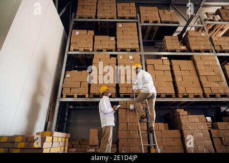 Senior worker using tablet and watching younger worker on ladders. Storage interior. Stock Photo