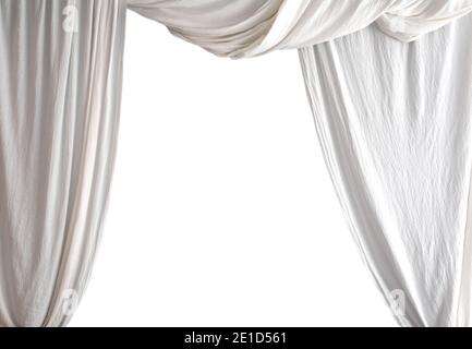 Luxury theatrical white curtain with a copy space in the middle isolated on white background, space for text modern design Stock Photo