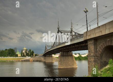 Traveling palace, Transfiguration cathedral and Old Volga bridge in Tver. Russia Stock Photo