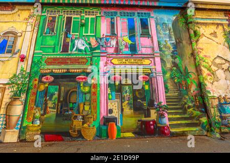 Fremantle, Western Australia - Jan 5, 2018: oil painting mural on building on South Terrace, a tourist attraction, a road known as Cappucino Strip Stock Photo