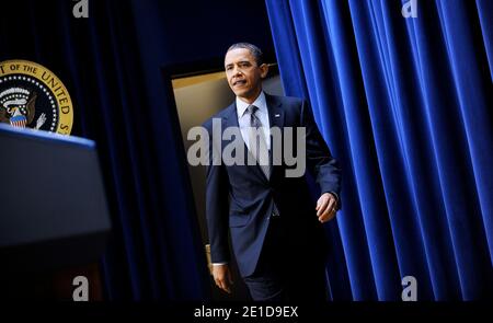 US President Barack Obama gives a press conference on the South Court Auditorium at the White House in Washington, DC, USA, February 2011. Photo by Olivier Douliery/ABACAUSA.com Stock Photo