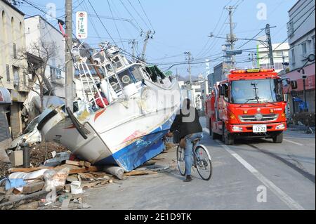 Views of the damaged city of Miyako, Prefecture of Iwate in Japan on March 13, 2011 after the biggest earthquake on Japan's history followed by a tsunami. Photo by Thierry Orban/ABACAPRESS.COM Stock Photo