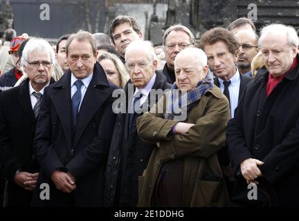 Bertrand Delanoe, French Socialist Party (PS) Saone et Loire MP Arnaud Montebourg, Pierre Berge, Jack Lang and Hubert Vedrine are pictured during ceremony marking the 15th anniversary of Francois Mitterrand’s death in Jarnac, southwestern France, on January 8, 2011. Photo by Patrick Bernard/ABACAPRESS.COM Stock Photo