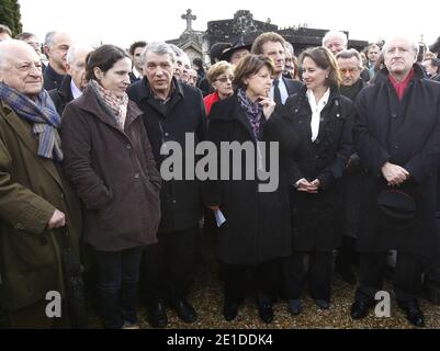 Pierre Berge, daughter of Francois Mitterrand Mazarine Pingeot, son of Francois Mitterrand, Gilbert Mitterrand, French First secretary of Socialist Party and Lille’s Mayor Martine Aubry, Jack Lang, French Socialist leader and president of the Poitou-Charente Regional Council, Segolene Royal and Hubert Vedrine are pictured during ceremony marking the 15th anniversary of Francois Mitterrand’s death in Jarnac, southwestern France, on January 8, 2011. Photo by Patrick Bernard/ABACAPRESS.COM Stock Photo