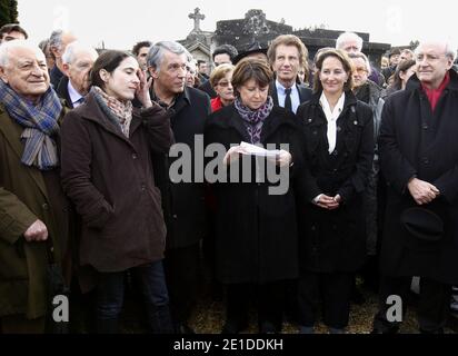 Pierre Berge, daughter of Francois Mitterrand Mazarine Pingeot, son of Francois Mitterrand, Gilbert Mitterrand, French First secretary of Socialist Party and Lille’s Mayor Martine Aubry, Jack Lang, French Socialist leader and president of the Poitou-Charente Regional Council, Segolene Royal and Hubert Vedrine are pictured during ceremony marking the 15th anniversary of Francois Mitterrand’s death in Jarnac, southwestern France, on January 8, 2011. Photo by Patrick Bernard/ABACAPRESS.COM Stock Photo