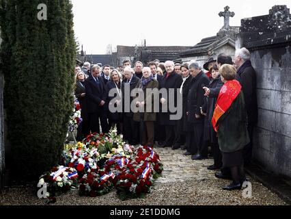 Bertrand Delanoe, Jack Lang, Pierre Berge, Hubert Vedrine, French Socialist leader and president of the Poitou-Charente Regional Council, Segolene Royal, son of Francois Mitterrand, Gilbert Mitterrand, daughter of Francois Mitterrand Mazarine Pingeot, French First secretary of Socialist Party and Lille’s Mayor Martine Aubry are pictured during ceremony marking the 15th anniversary of Francois Mitterrand’s death in Jarnac, southwestern France, on January 8, 2011. Photo by Patrick Bernard/ABACAPRESS.COM Stock Photo