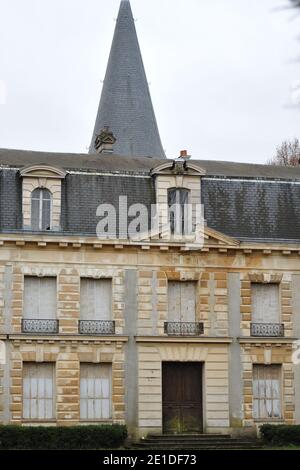 The African dictator Bokassa's castle in Hardricourt near Paris on January 13, 2011. The French castle that once belonged to African dictator Jean-Bedel Bokassa has sold for 915,000 euros.The dilapidated 'Chateau d'Hardricourt' was bought by an anonymous bidder at an auction in Versailles. Bokassa spent several years living in the mansion in the western Paris suburb of Hardricourt after he was overthrown as leader of the Central African Republic (CAR) in 1979. 'Electricity, water, heating - all need to be overhauled,' Pascal Koerfer, lawyer for the administrator of the Bokassa estate. The prop Stock Photo