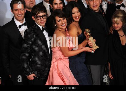 Lea Michele (centre) with fellow cast members of Glee holds the award for Best Musical or Comedy Television Series, in the press room of the 68th Golden Globe Awards ceremony, held at the Beverly Hilton Hotel in Los Angeles, CA, USA on January 16, 2011. Photo by Lionel Hahn/ABACAUSA.COM Stock Photo