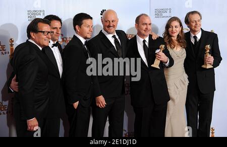 Steve Buscemi (far right) along with Producer Terence Winter (fourth left), Mark Wahlberg (third left) and Kelly Macdonald, with his award for Best Performance by an Actor in a Television Series-Drama for 'Boardwalk Empire', in the press room of the 68th Golden Globe Awards ceremony, held at the Beverly Hilton Hotel in Los Angeles, CA, USA on January 16, 2011. Photo by Lionel Hahn/ABACAUSA.COM Stock Photo