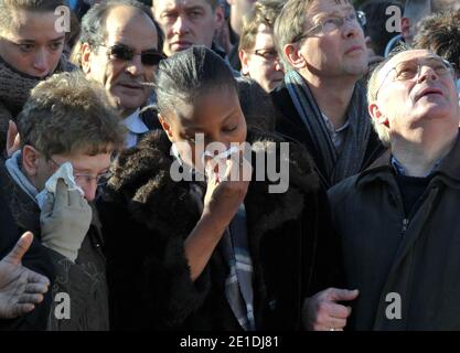 Rakia Kouka, Antoine de Leocour fiancee, Mrs and Mr de leocour attend a ceremony to pay tribute to Antoine de Leocour and Vincent Delory, killed last week in Niger, on January 15, 2011. Photo by Christophe Guibbaud/ABACAPRESS.COM Stock Photo