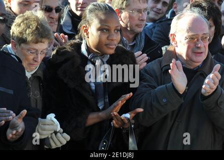 Rakia Kouka, Antoine de Leocour fiancee, Mrs and Mr de leocour attend a ceremony to pay tribute to Antoine de Leocour and Vincent Delory, killed last week in Niger, on January 15, 2011. Photo by Christophe Guibbaud/ABACAPRESS.COM Stock Photo