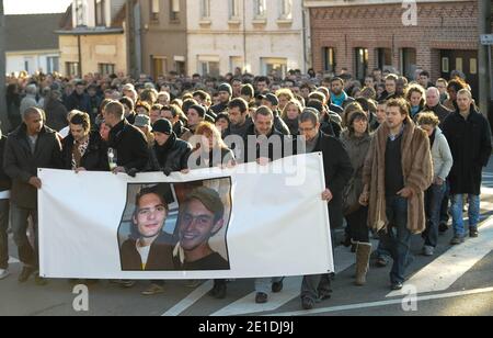 Citizens of Linselles town, north of France pay tribute to Antoine de Leocour and Vincent Delory, killed last week in Niger, on January 15, 2011. Photo by Christophe Guibbaud/ABACAPRESS.COM Stock Photo