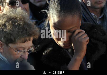 Rakia Kouka, Antoine de Leocour fiancee and Mrs De leocour attend a ceremony to pay tribute to Antoine de Leocour and Vincent Delory, killed last week in Niger, on January 15, 2011. Photo by Christophe Guibbaud/ABACAPRESS.COM Stock Photo