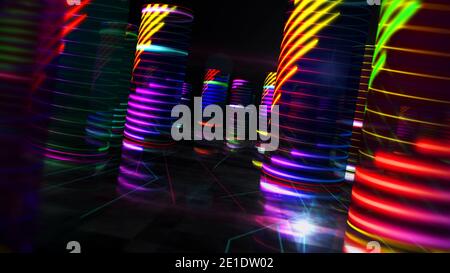3d flight through futuristic cyber city with abstract silhouette of round buildings. Digital technology rendering illustration. Fly by virtual world.