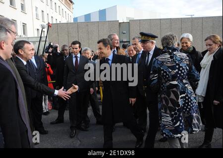 French President Nicolas Sarkozy flanked by Christine Lagarde and Nathalie Kosciusko-Morizet arrives to visit the Saint-Nazaire STX shipyard (Chantiers de l'Atlantique) in Saint-Nazaire, France on January 25, 2011. Photo by Mousse/ABACAPRESS.COM Stock Photo