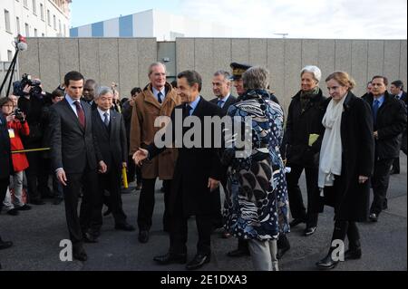 French President Nicolas Sarkozy flanked by Christine Lagarde and Nathalie Kosciusko-Morizet arrives to visit the Saint-Nazaire STX shipyard (Chantiers de l'Atlantique) in Saint-Nazaire, France on January 25, 2011. Photo by Mousse/ABACAPRESS.COM Stock Photo