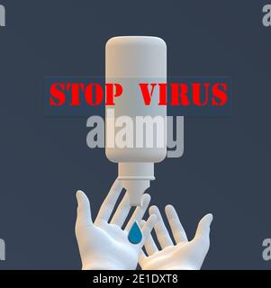 Stop virus sign with hands and sanitiser. Protection against virus on blue background. 3D illustration Stock Photo