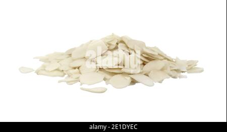 Pile of peeled flaked almonds isolated on white. Blanched almonds flakes on white. Stock Photo