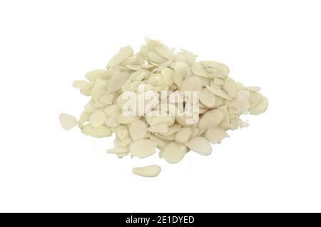 Pile of peeled flaked almonds isolated on white. Blanched almonds flakes on white. Stock Photo
