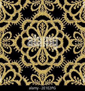 Seamless gold glitter ethnic rug motif pattern. Stock Photo