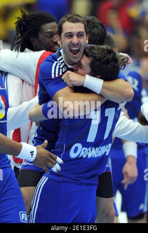 France's Michael Guigou celebrates with his team mate Samuel Honrubia after winning the 2011 World Championship at Malmo Arena in Malmo, Sweden on January 30, 2011. France defeats Denmark 37-35. Photo by Nicolas Gouhier/ABACAPRESS.COM Stock Photo