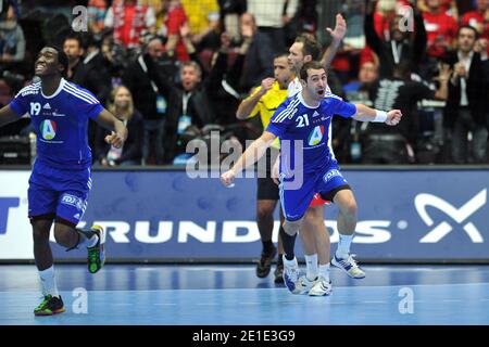 France's Michael Guigou celebrates after winning the 2011 World Championship at Malmo Arena in Malmo, Sweden on January 30, 2011. France defeats Denmark 37-35. Photo by Nicolas Gouhier/ABACAPRESS.COM Stock Photo