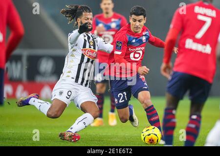 LILLE, FRANCE - JANUARY 6: Lois Diony of Angers SCO, Benjamin Andre of Lille OSC during the Ligue 1 match between Lille OSC and Angers SCO at Stade Pierre Mauroy on January 6, 2021 in Lille, France (Photo by Jeroen Meuwsen/BSR Agency/Alamy Live News)*** Local Caption *** Lois Diony, Benjamin Andre