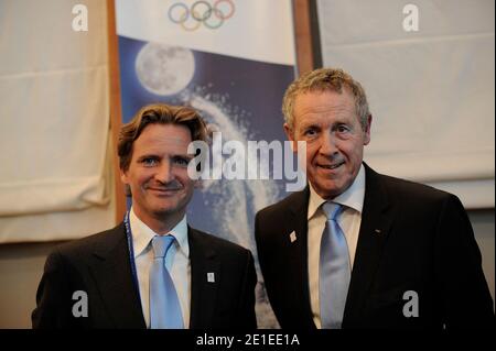 Charles Beigbeder and Guy Drut pose during the IOC evaluation commission in Annecy, northeast France, on February 11, 2011. France's Annecy and co-host city Chamonix for biding 2018 Winter Olympics had been evaluated by an IOC evaluation commission. Annecy, which is competing against Munich of Germany and Pyeongchang of South Korea, has been lagging behind its two rivals and is trying to close the gap during the commission visit. Photo by Daniel Giry/ABACAPRESS.COM Stock Photo
