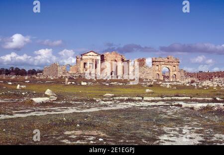 The archaeological site of Sbeitla in north-central Tunisia. Roman ruins of Sufetula. The Forum, one of the best preserved in the world and Three Temples. Archival scan from a slide. April 1976. Stock Photo