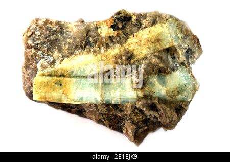 Beryl mineral of aquamarine type on white background. Found in Russia. Stock Photo